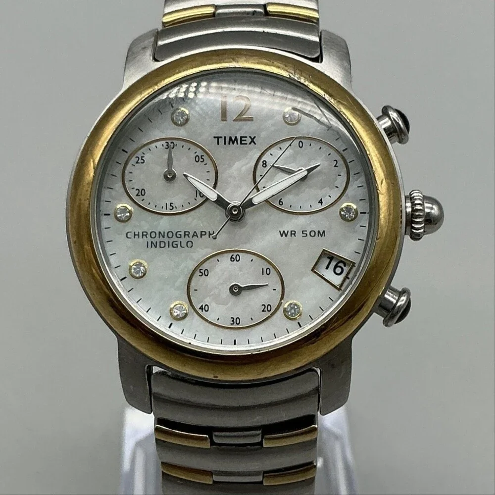 Timex Chronograph Indiglo Womens Watch 31mm MOP Date Two Tone New Battery
